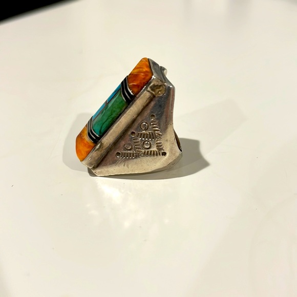 Vintage Navajo Turquoise/onyx/Spiny Oyster shell inlay ring! - Picture 2 of 4